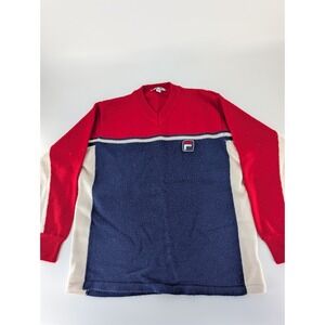 80s Vintage FILA Knit Sweater XL Red Navy Colorblock V Neck